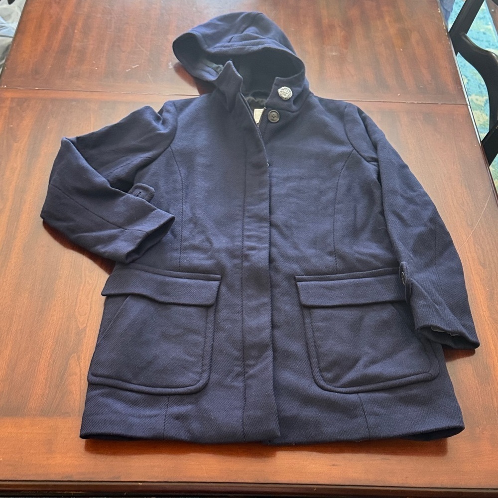 GAP NWT Woman’s Polished & Timeless Navy Dual Zipper Hooded Mid Length Pea Coat